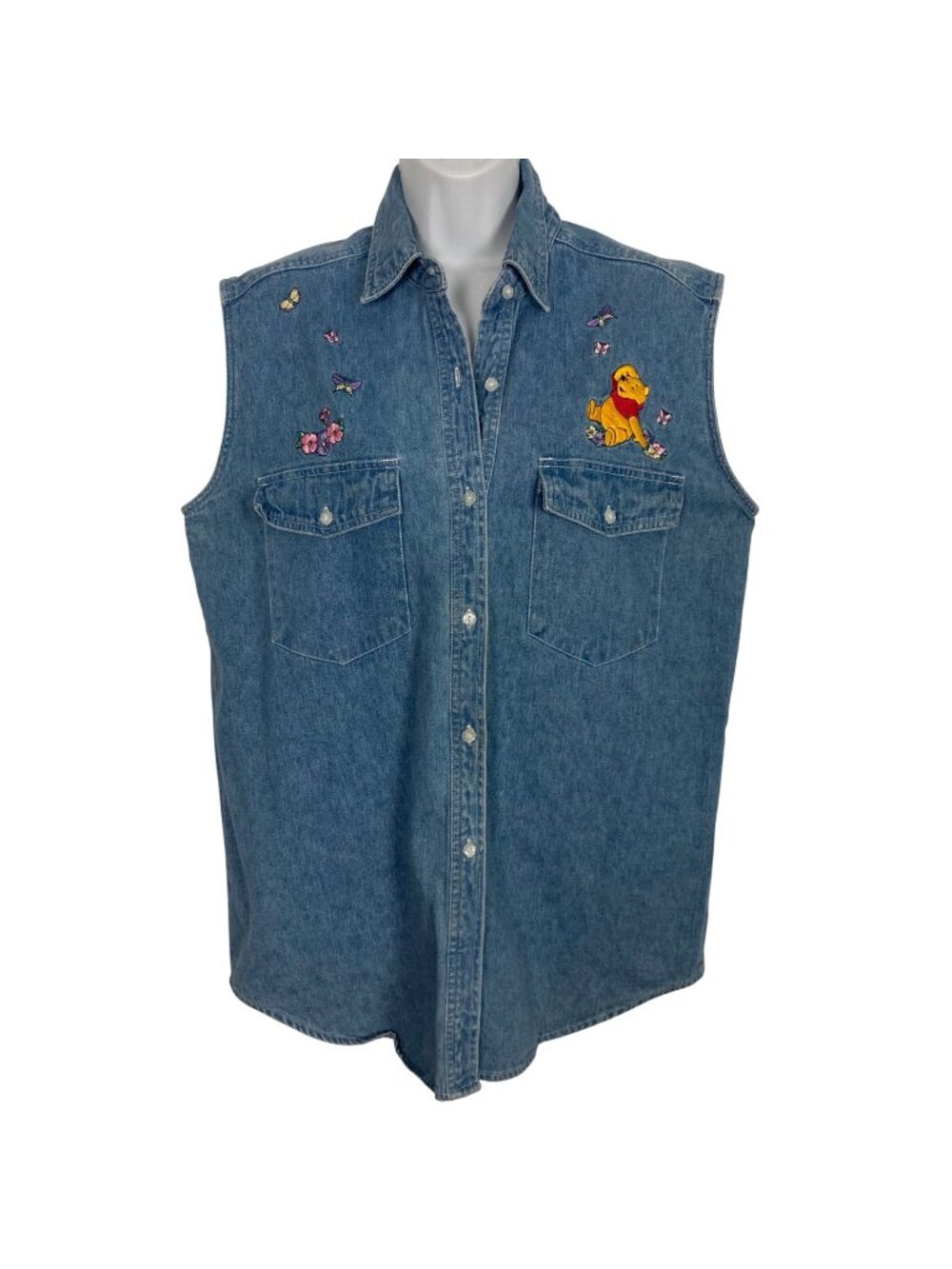Vintage Disney Store Winnie The Pooh Sleeveless Denim Shirt XL Button Front